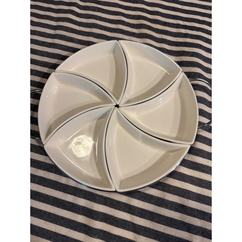 Godinger Silver Art Co 7 Piece Ceramic Pinwheel Relish Tray Set with Chrome Rack